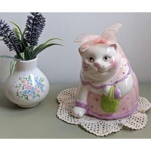 Vintage Ceramic Cat Piggy Bank Pink‎ Kitty Coin Bank Hand Painted Collectible